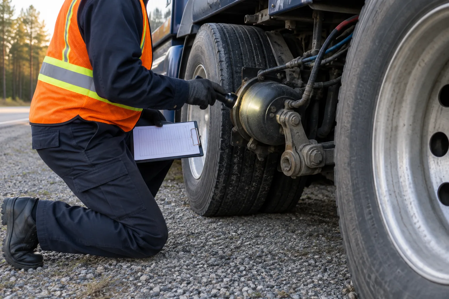 An inspector in a safety-orange vest, seen from the shoulders down, kneels on a gravel shoulder and shines a flashlight on a truck’s brake chamber while holding a clipboard.